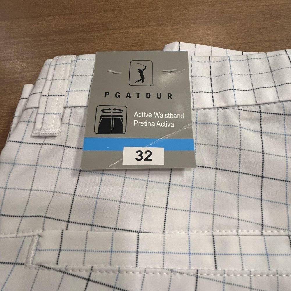 PGA TOUR Golf Shorts Mens 32 White Check Active Waistband Stretch 10 Inch Inseam